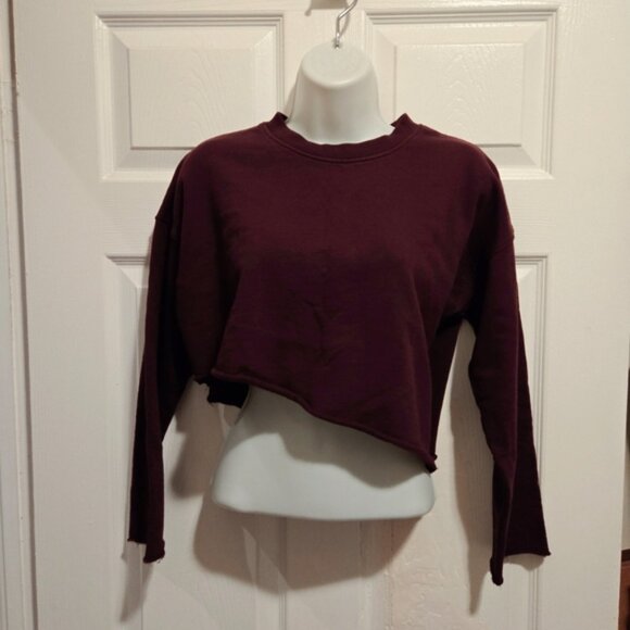 AllSaints Burgundy Cropped Asymmetrical Raw Hem Sweater - Picture 3 of 6